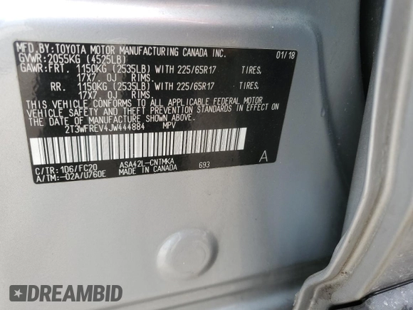 2018 Toyota RAV4 XLE with VIN 2T3WFREV4JW444884, listed as a Copart auction lot 55666275 with 174,275 mi miles and Salvage Title. Bid and sale history available at DreamBid. Image 12.