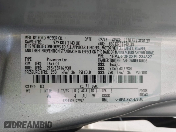 2015 Ford Focus SE with VIN 1FADP3F2XFL234327, listed as a IAAI auction lot 39848098 with 177,290 mi miles and . Bid and sale history available at DreamBid. Image 9.