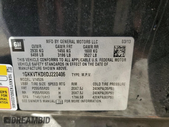 2013 GMC Acadia Denali with VIN 1GKKVTKD8DJ220406, listed as a Copart auction lot 48345445 with 0 mi miles and Salvage Title. Bid and sale history available at carsss.com. Image 13.