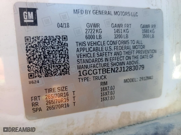 2018 Chevrolet Colorado 4WD Work Truck with VIN 1GCGTBEN2J1283079, listed as a Copart auction lot 80323844 with 99,202 mi miles and Salvage Title. Bid and sale history available at carsss.com. Image 13.