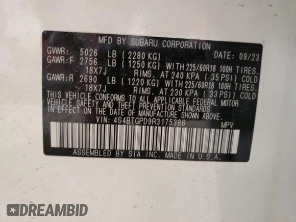 2024 Subaru Outback Touring XT with VIN 4S4BTGPD9R3175386, listed as a Copart auction lot 49815805 with 17,362 mi miles and Salvage title. Bid and sale history available at DreamBid. Image 14.