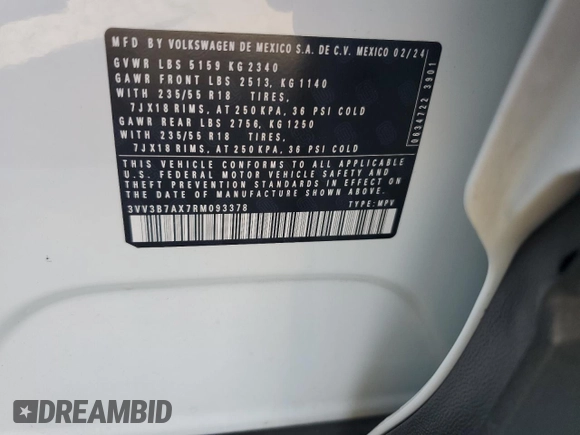 2024 Volkswagen Tiguan SE z VIN 3VV3B7AX7RM093378, wystawiony jako Copart lot #50634025 z przebiegiem 6 261 mil mil oraz Szkoda całkowita • Salvage title. Historia ofert i sprzedaży dostępna na DreamBid. Obrazek 13.