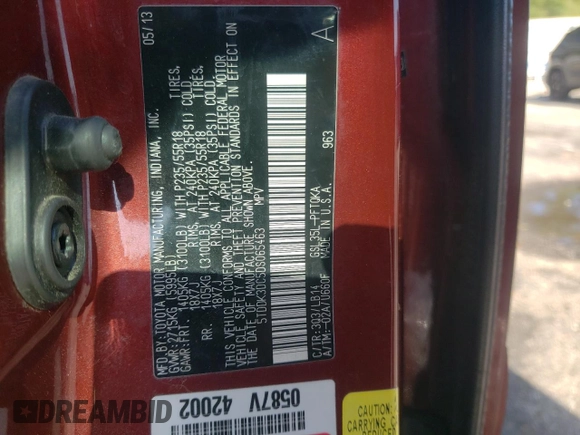 2013 Toyota Sienna XLE with VIN 5TDDK3DC5DS065463, listed as a Copart auction lot 50648205 with 112,779 mi miles and Salvage Title. Bid and sale history available at DreamBid. Image 14.