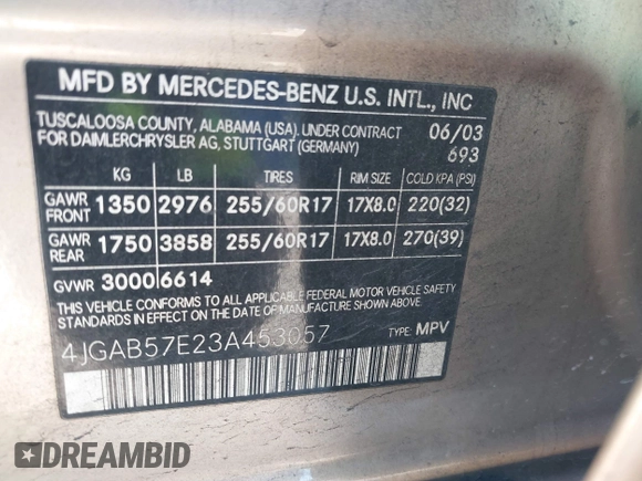 2003 Mercedes-Benz M 350 with VIN 4JGAB57E23A453057, listed as a IAAI auction lot 41704721 with 190,649 mi miles and . Bid and sale history available at DreamBid. Image 9.
