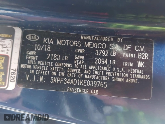 2019 Kia Forte S with VIN 3KPF34AD1KE039765, listed as a IAAI auction lot 41710098 with 119,652 mi miles. Bid and sale history available at carsss.com. Image 9.