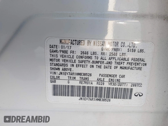 2017 Infiniti Q50 Premium with VIN JN1EV7AR1HM838526, listed as a IAAI auction lot 41249632 with 67,171 mi miles and . Bid and sale history available at DreamBid. Image 9.