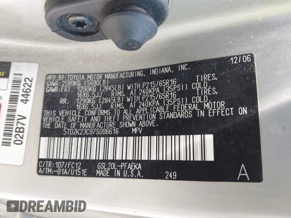 2007 Toyota Sienna CE with VIN 5TDZK23C97S006616, listed as a IAAI auction lot 42128854 with 234,985 mi miles and . Bid and sale history available at DreamBid. Image 9.