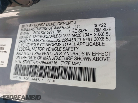 2022 Honda Passport EX-L with VIN 5FNYF7H57NB005716, listed as a IAAI auction lot 41078499 with 33,141 mi miles and . Bid and sale history available at DreamBid. Image 9.