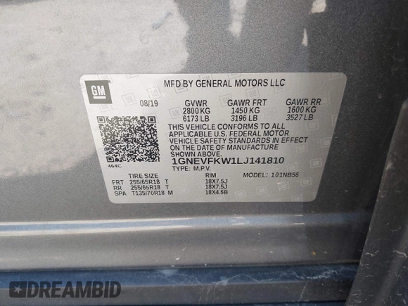 2020 Chevrolet Traverse LS with VIN 1GNEVFKW1LJ141810, listed as a IAAI auction lot 42134752 with 73,513 mi miles and . Bid and sale history available at DreamBid. Image 9.