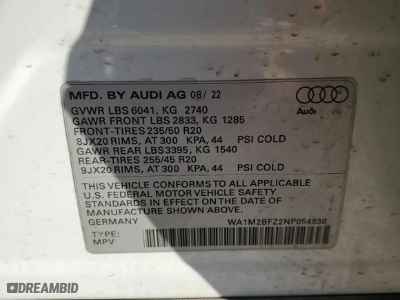 2022 Audi Q4 e-tron Prestige with VIN WA1M2BFZ2NP054938, listed as a Copart auction lot 82666764 with 0 mi miles and Salvage Title. Bid and sale history available at carsss.com. Image 15.