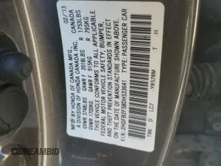 2013 Honda Civic LX with VIN 2HGFB2F58DH533641, listed as a Copart auction lot 58331725 with 79,830 mi miles and Salvage title. Bid and sale history available at DreamBid. Image 12.