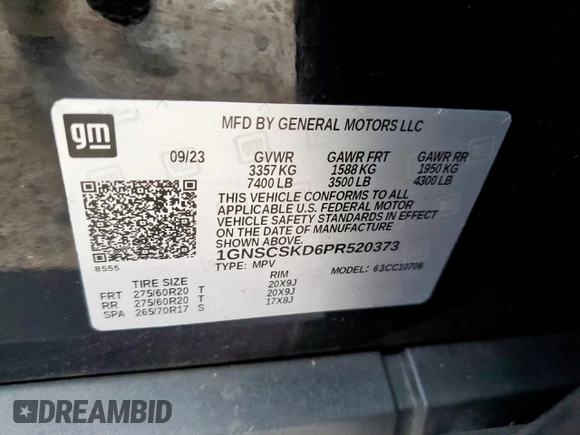 2023 Chevrolet Tahoe Premier with VIN 1GNSCSKD6PR520373, listed as a Copart auction lot 60642175 with Not provided miles and Salvage title. Bid and sale history available at DreamBid. Image 13.