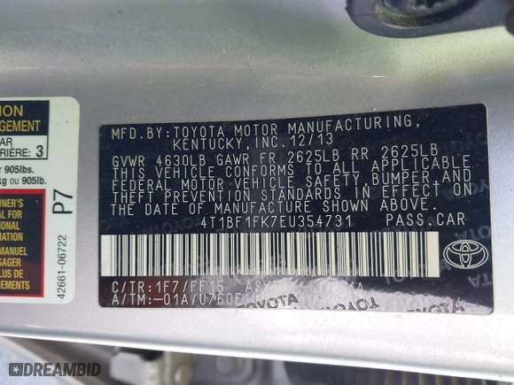2014 Toyota Camry L with VIN 4T1BF1FK7EU354731, listed as a IAAI auction lot 41900006 with 217,767 mi miles. Bid and sale history available at carsss.com. Image 9.