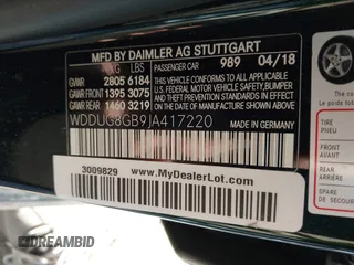 2018 Mercedes-Benz S 560 with VIN WDDUG8GB9JA417220, listed as a IAAI auction lot 41145690 with Not Provided miles and . Bid and sale history available at carsss.com. Image 9.
