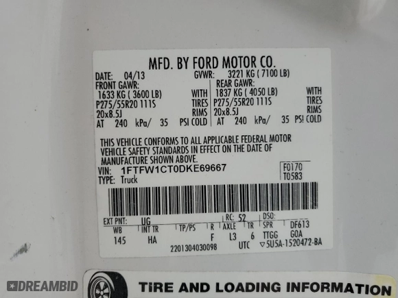 2013 Ford F-150 XL with VIN 1FTFW1CT0DKE69667, listed as a Copart auction lot 46182965 with 206,382 mi miles and Clean Title. Bid and sale history available at carsss.com. Image 13.