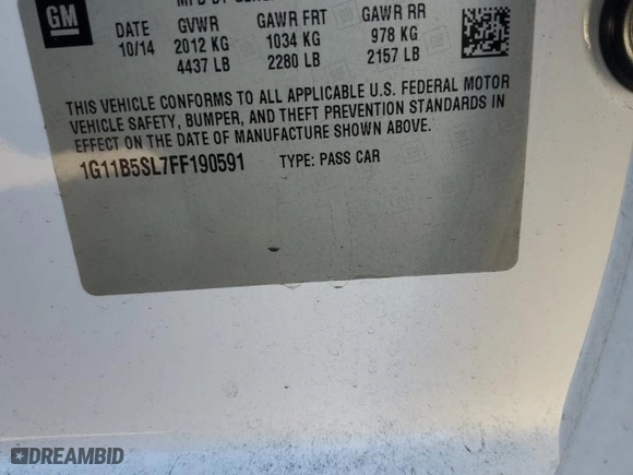 2015 Chevrolet Malibu LS with VIN 1G11B5SL7FF190591, listed as a Copart auction lot 42778155 with 120,145 mi miles and Salvage Title. Bid and sale history available at carsss.com. Image 14.