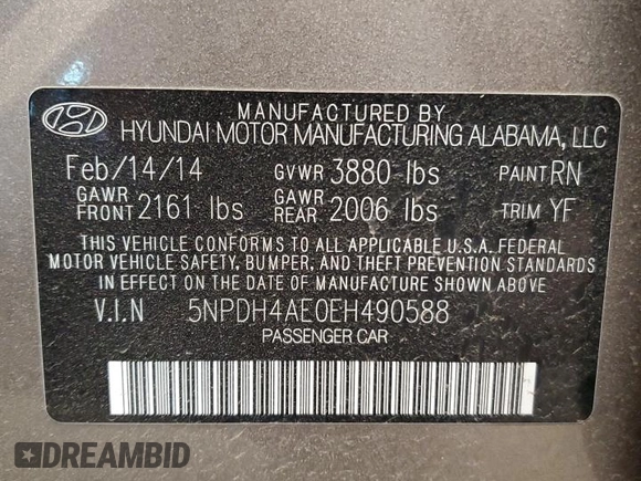 2014 Hyundai Elantra SE with VIN 5NPDH4AE0EH490588, listed as a Copart auction lot 54453295 with 120,211 mi miles and Clean Title. Bid and sale history available at DreamBid. Image 12.