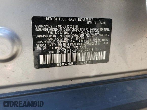 2009 Subaru Forester X with VIN JF2SH61649H782259, listed as a Copart auction lot 60220105 with 170,884 mi miles and Salvage title. Bid and sale history available at DreamBid. Image 12.