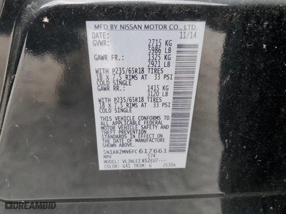 2015 Nissan Pathfinder S with VIN 5N1AR2MN6FC617661, listed as a Copart auction lot 89048785 with 83,971 mi miles and Clean Title. Bid and sale history available at carsss.com. Image 13.