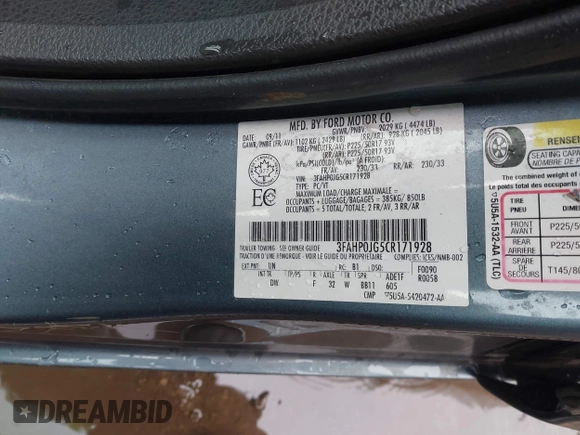2012 Ford Fusion SEL z VIN 3FAHP0JG5CR171928, wystawiony jako IAAI lot #42356521 z przebiegiem Nie podano mil oraz . Historia ofert i sprzedaży dostępna na DreamBid. Obrazek 9.