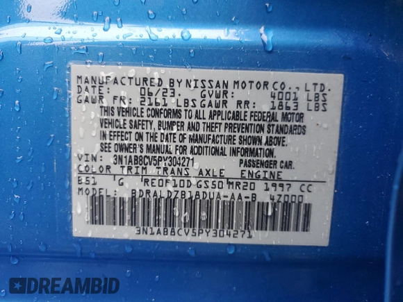 2023 Nissan Sentra SV with VIN 3N1AB8CV5PY304271, listed as a Copart auction lot 50386415 with 27,731 mi miles and Salvage Title. Bid and sale history available at DreamBid. Image 12.