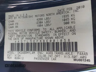 2011 Mitsubishi Eclipse GS Sport with VIN 4A37L5EF8BE001058, listed as a IAAI auction lot 41400790 with 104,482 mi miles and . Bid and sale history available at carsss.com. Image 9.