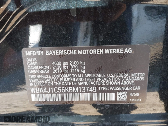 2019 BMW 4 Series 430i z VIN WBA4J1C56KBM13749, wystawiony jako IAAI lot #41849287 z przebiegiem 54 607 mil mil oraz . Historia ofert i sprzedaży dostępna na DreamBid. Obrazek 9.