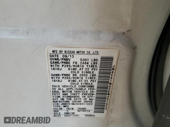 2014 Infiniti QX70 with VIN JN8CS1MU3EM451423, listed as a Copart auction lot 63205685 with 134,192 mi miles and Salvage title. Bid and sale history available at DreamBid. Image 13.