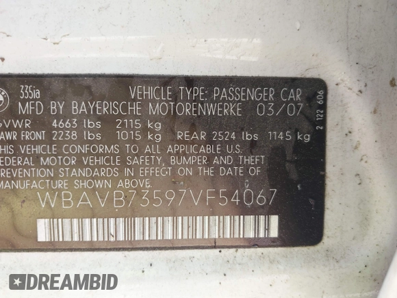 2007 BMW 3 Series 335i z VIN WBAVB73597VF54067, wystawiony jako IAAI lot #42139302 z przebiegiem Nie podano mil oraz . Historia ofert i sprzedaży dostępna na DreamBid. Obrazek 9.