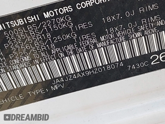 2017 Mitsubishi Outlander GT with VIN JA4JZ4AX9HZ018074, listed as a IAAI auction lot 42536932 with 149,925 mi miles and . Bid and sale history available at DreamBid. Image 9.