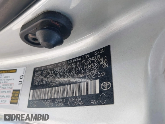 2021 Toyota Prius LE with VIN JTDKAMFP1M3180370, listed as a IAAI auction lot 41928512 with 83,249 mi miles and . Bid and sale history available at DreamBid. Image 9.