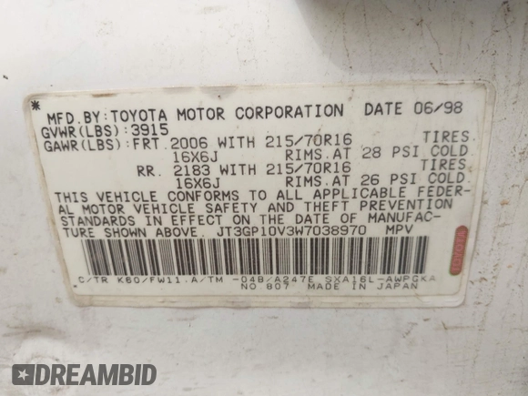 1998 Toyota RAV4 with VIN JT3GP10V3W7038970, listed as a IAAI auction lot 42377816 with 221,365 mi miles and . Bid and sale history available at DreamBid. Image 9.
