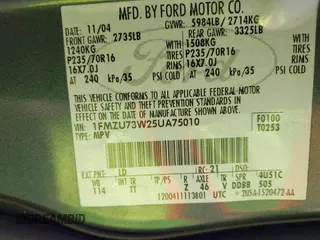 2005 Ford Explorer XLT с VIN 1FMZU73W25UA75010, выставлен на аукционе IAAI как лот 42508037 с пробегом 276 352 миль миль и . История ставок и продаж доступна на DreamBid. Изображение 9.