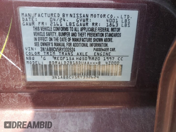 2024 Nissan Sentra SV with VIN 3N1AB8CV5RY332624, listed as a Copart auction lot 58671425 with 11,924 mi miles and Salvage title. Bid and sale history available at DreamBid. Image 12.