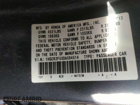 2013 Honda Accord Sport with VIN 1HGCR2F50DA094514, listed as a IAAI auction lot 35109256 with 78,728 mi miles and . Bid and sale history available at DreamBid. Image 9.