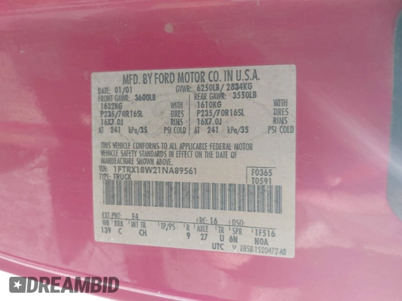 2001 Ford F-150 XL with VIN 1FTRX18W21NA89561, listed as a IAAI auction lot 42505859 with Not provided miles and . Bid and sale history available at DreamBid. Image 9.