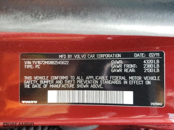 2011 Volvo S40 with VIN YV1672MS8B2545622, listed as a Copart auction lot 82236594 with 212,889 mi miles and Salvage Title. Bid and sale history available at carsss.com. Image 14.