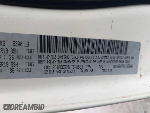 2017 Dodge Journey Crossroad Plus с VIN 3C4PDCGB1HT676533, выставлен на аукционе IAAI как лот 42105497 с пробегом 121 287 миль миль и . История ставок и продаж доступна на DreamBid. Изображение 9.