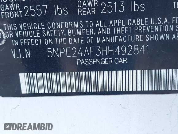 2017 Hyundai Sonata SE with VIN 5NPE24AF3HH492841, listed as a IAAI auction lot 41503654 with 134,366 mi miles. Bid and sale history available at carsss.com. Image 9.