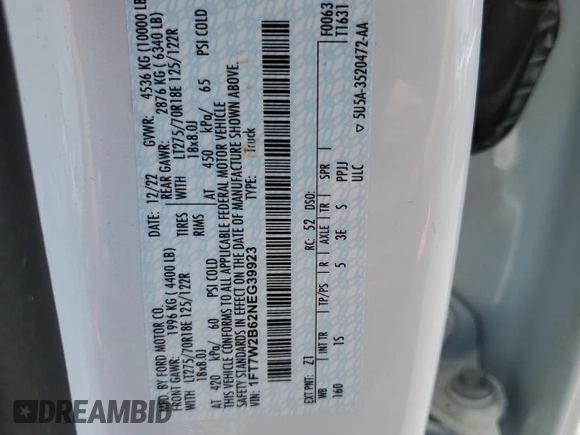 2022 Ford F-250 XL z VIN 1FT7W2B62NEG39923, wystawiony jako Copart lot #62385135 z przebiegiem Nie podano mil oraz Szkoda całkowita • Salvage title. Historia ofert i sprzedaży dostępna na DreamBid. Obrazek 12.