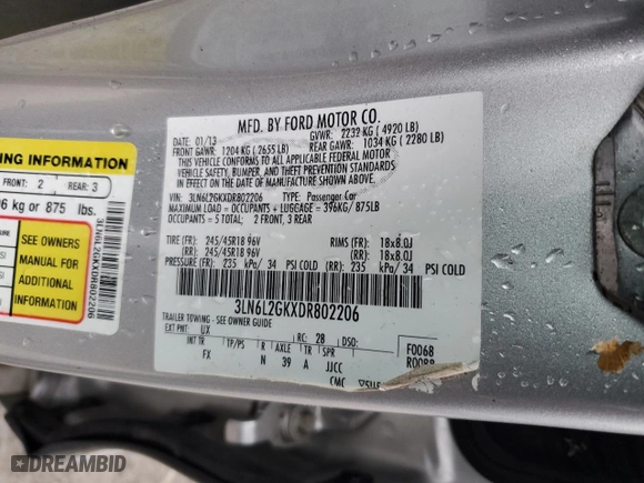 2013 Lincoln MKZ with VIN 3LN6L2GKXDR802206, listed as a Copart auction lot 84380584 with 225,470 mi miles and Salvage Title. Bid and sale history available at carsss.com. Image 14.