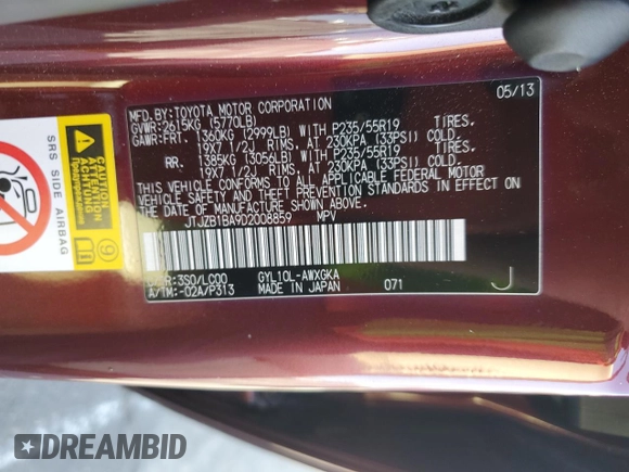 2013 Lexus RX 450h with VIN JTJZB1BA9D2008859, listed as a Copart auction lot 61040415 with 158,823 mi miles and Salvage title. Bid and sale history available at DreamBid. Image 13.