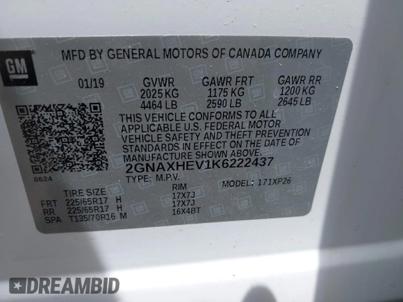 2019 Chevrolet Equinox LS with VIN 2GNAXHEV1K6222437, listed as a IAAI auction lot 42131130 with 50,404 mi miles and . Bid and sale history available at carsss.com. Image 9.