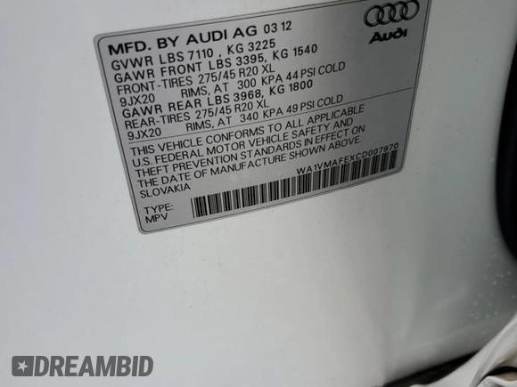 2012 Audi Q7 Prestige с VIN WA1VMAFEXCD007970, выставлен на аукционе Copart как лот 56391785 с пробегом 169 643 миль миль и Списание • Salvage title. История ставок и продаж доступна на DreamBid. Изображение 13.