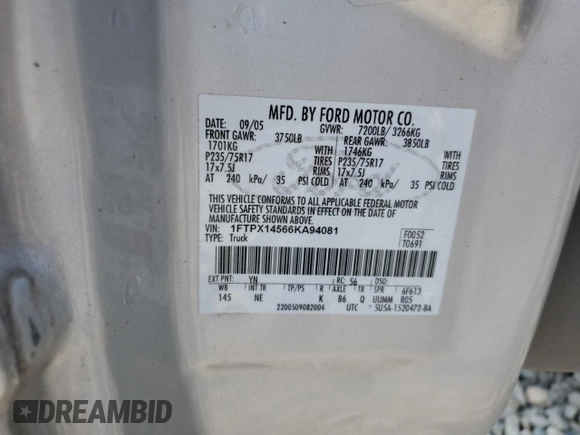 2006 Ford F-150 XLT with VIN 1FTPX14566KA94081, listed as a Copart auction lot 59326325 with 124,063 mi miles and Clean title. Bid and sale history available at DreamBid. Image 12.