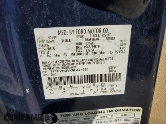 2009 Ford F-150 XL with VIN 1FTPW12VX9FA74998, listed as a Copart auction lot 44105425 with 160,244 mi miles and Salvage Title. Bid and sale history available at carsss.com. Image 12.