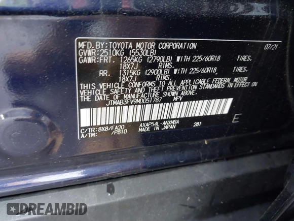 2021 Toyota RAV4 SE with VIN JTMAB3FV9MD051787, listed as a IAAI auction lot 42357030 with 40,793 mi miles and . Bid and sale history available at DreamBid. Image 9.