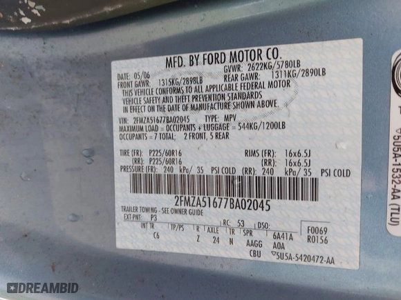2007 Ford Freestar Wagon SE with VIN 2FMZA51677BA02045, listed as a IAAI auction lot 41910203 with 1 mi miles. Bid and sale history available at carsss.com. Image 9.