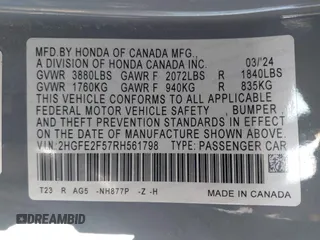 2024 Honda Civic Sedan Sport with VIN 2HGFE2F57RH561798, listed as a IAAI auction lot 41746173 with 17,178 mi miles. Bid and sale history available at carsss.com. Image 9.