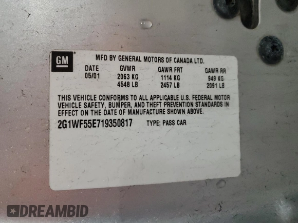 2001 Chevrolet Impala с VIN 2G1WF55E719350817, выставлен на аукционе Copart как лот 43957165 с пробегом 191 323 миль миль и Списание • Salvage title. История ставок и продаж доступна на DreamBid. Изображение 13.